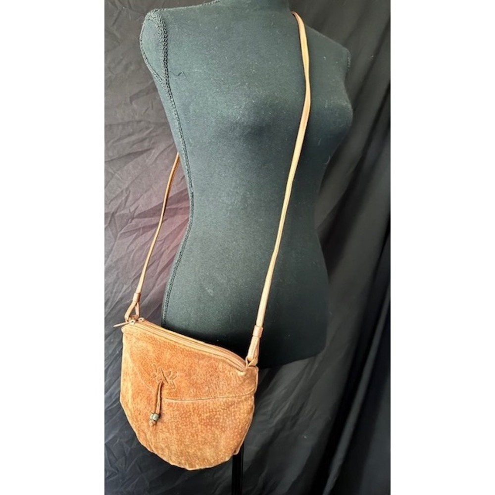 Vintage Tan Suede Crossbody Bag Boho Lace Up Tassel Turquoise Bead Detail